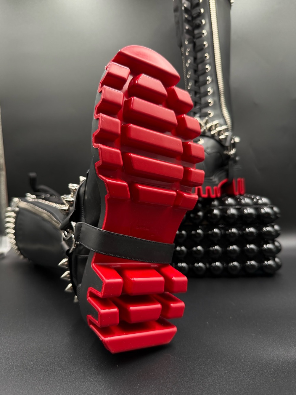 Christian Louboutin Black Over-the-Knee Lace-Up Combat Boots with Red Lug Sole - Picture 3 of 4